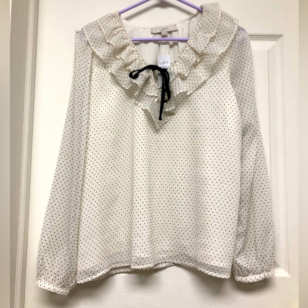 LOFT White with Black Polka-Dot Blouse, size M, NWT